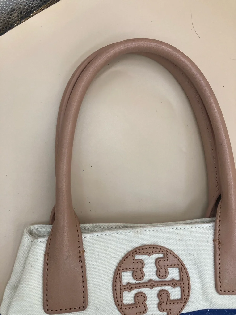 Tory Burch Blue, White and Tan Canvas Tote with Leather Trim